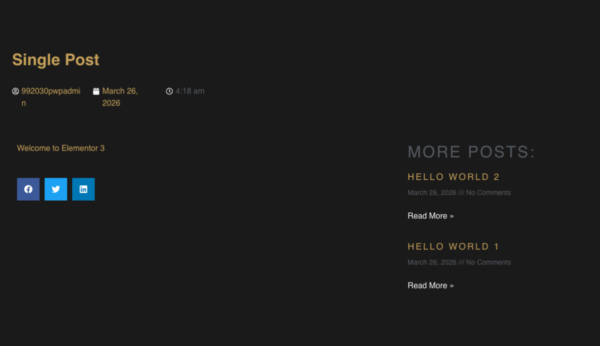 Blog post titled 'Welcome to Elementor 3' with social media sharing icons and links to more posts.